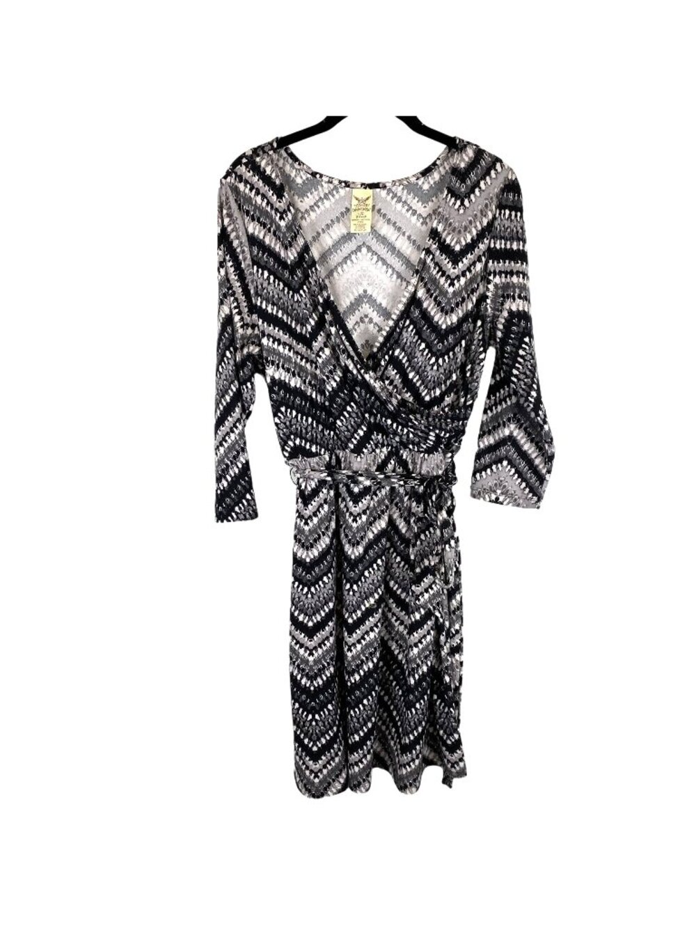 Faded Glory Womens L Chevron Pattern Belted Stretch Waist Dress Grey Faux Wrap